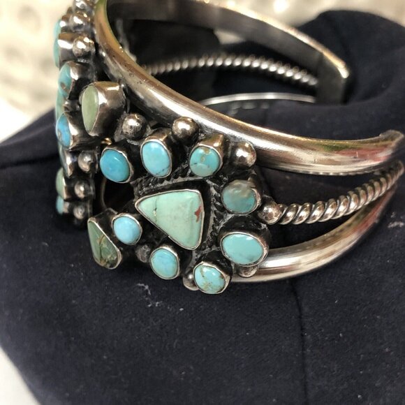 Navajo Indian 70 grams Sterling Silver Turquoise Cluster Bracelet Signed - Picture 3 of 16